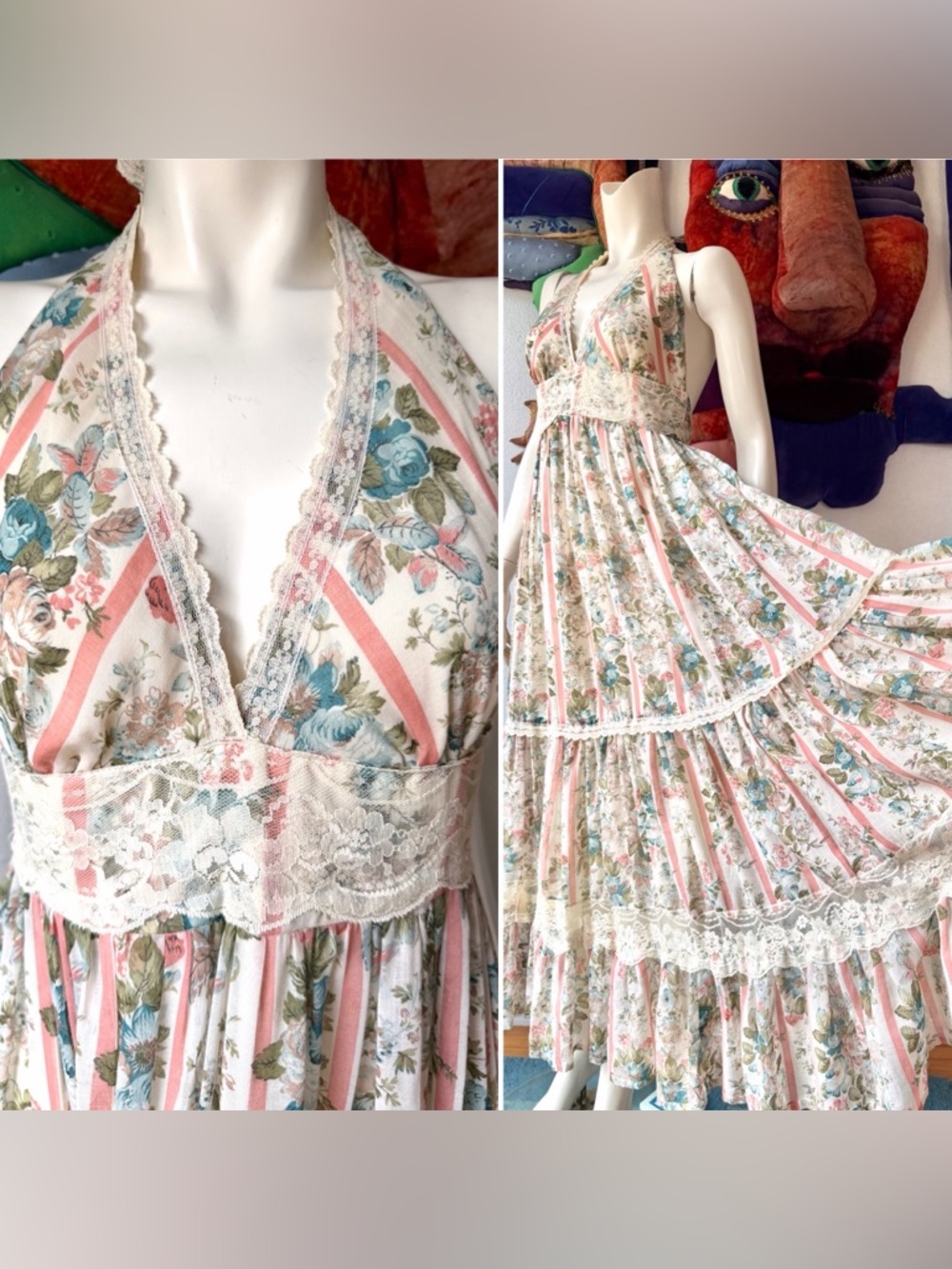 Vintage GUNNE SAX Halter Sundress Dress Pink Stripes Blue Floral Wedding Prairie